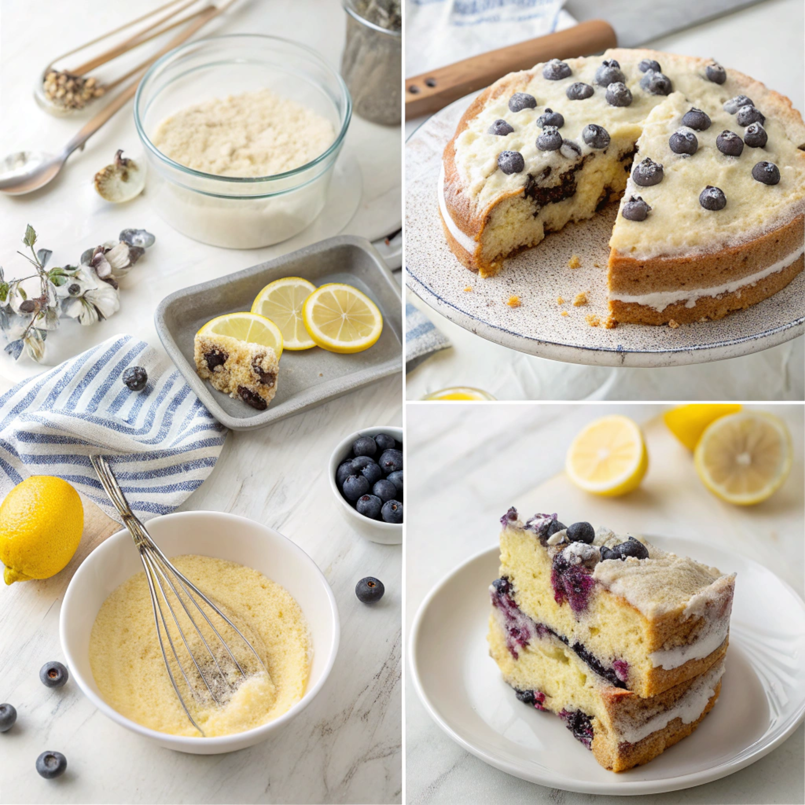 Step-by-step process to make Lemon Blueberry Almond Flour Cake, including mixing wet ingredients, folding in blueberries, pouring batter, and baking