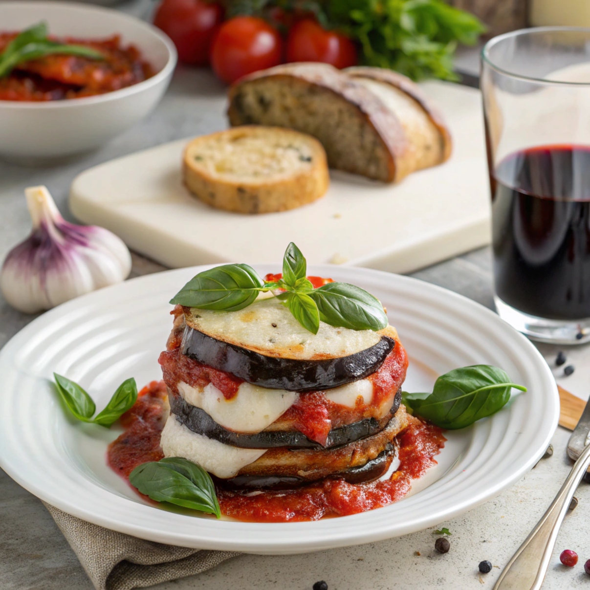 Slice of Eggplant Parmesan on a plate garnished with basil and olive oil