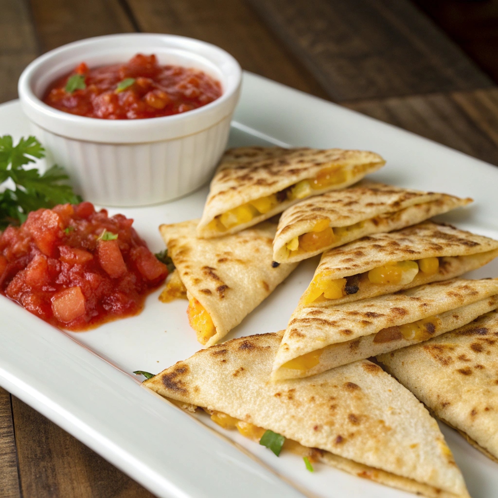 Mini cheese quesadillas with fillings, served sliced on a plate.