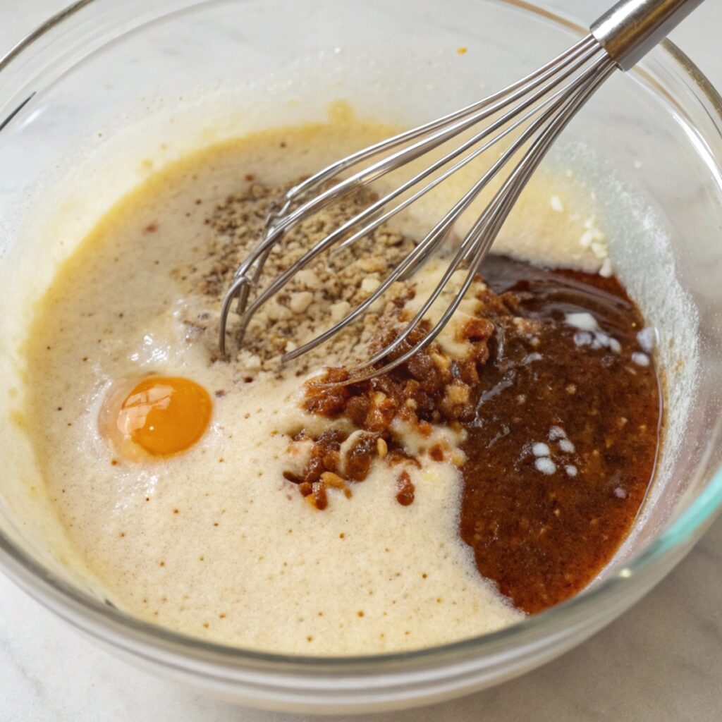 A metal mixing bowl filled with liquid ingredients like almond milk, maple syrup, vanilla extract, and oil being whisked together to prepare for a Vegan Almond Flour Cocoa Cake.