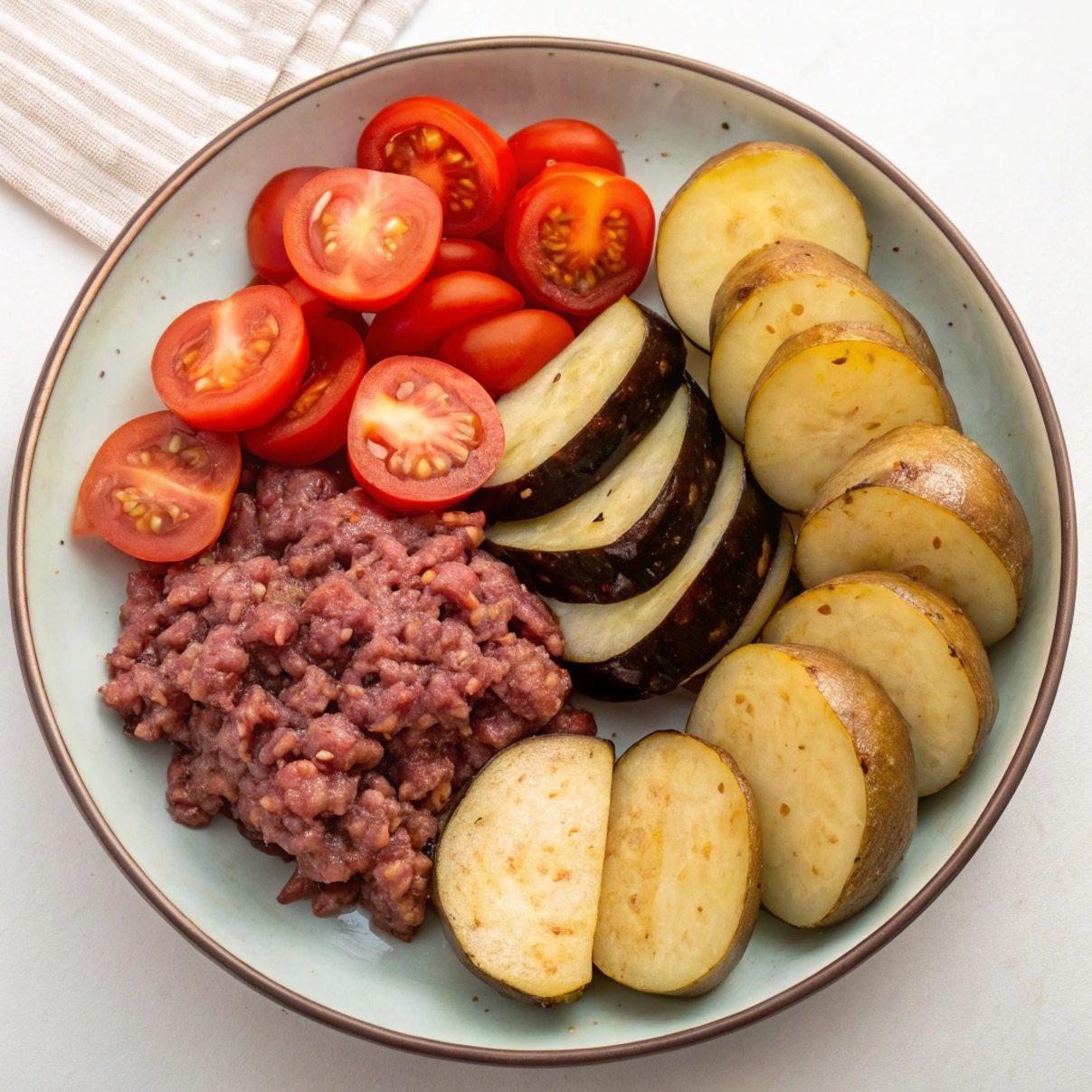 Assortment of fresh ingredients for making Greek moussaka, including eggplants, ground meat, tomatoes, onions, garlic, and béchamel sauce components