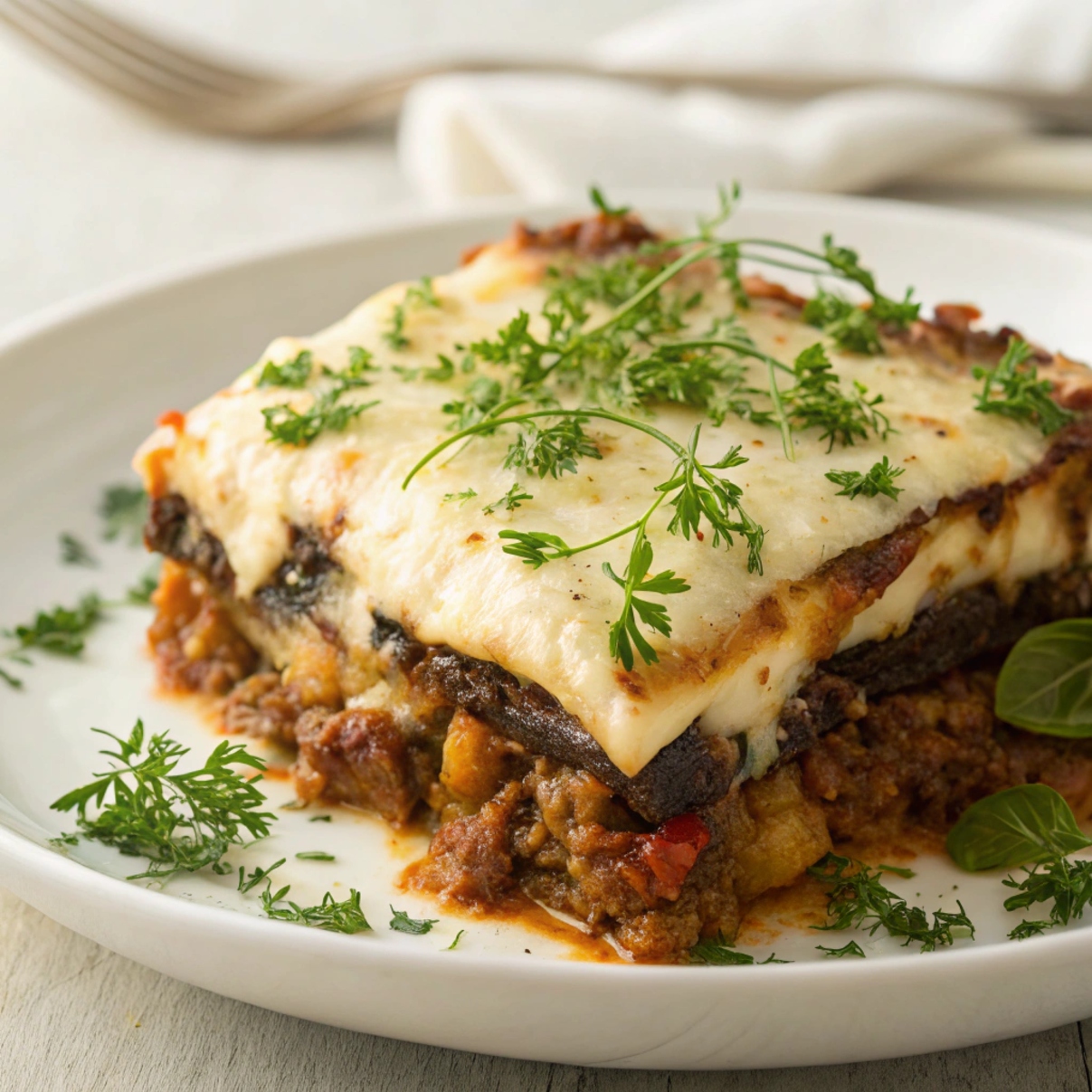 Layered moussaka with eggplant, ground meat, and béchamel sauce in a baking dish, ready to be baked