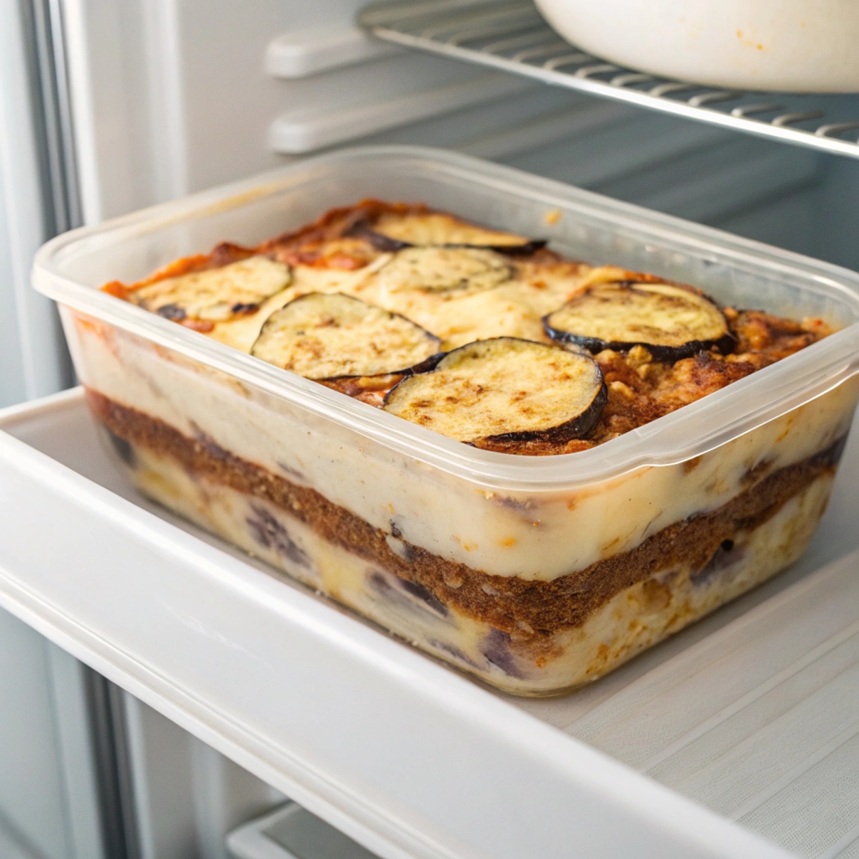 Leftover moussaka stored in an airtight container in the fridge