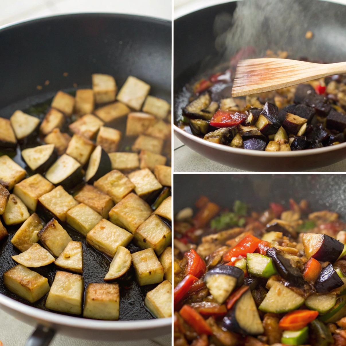 Series of images showing the steps to prepare and cook eggplant stir-fry, from chopping eggplant to stir-frying in a wok
