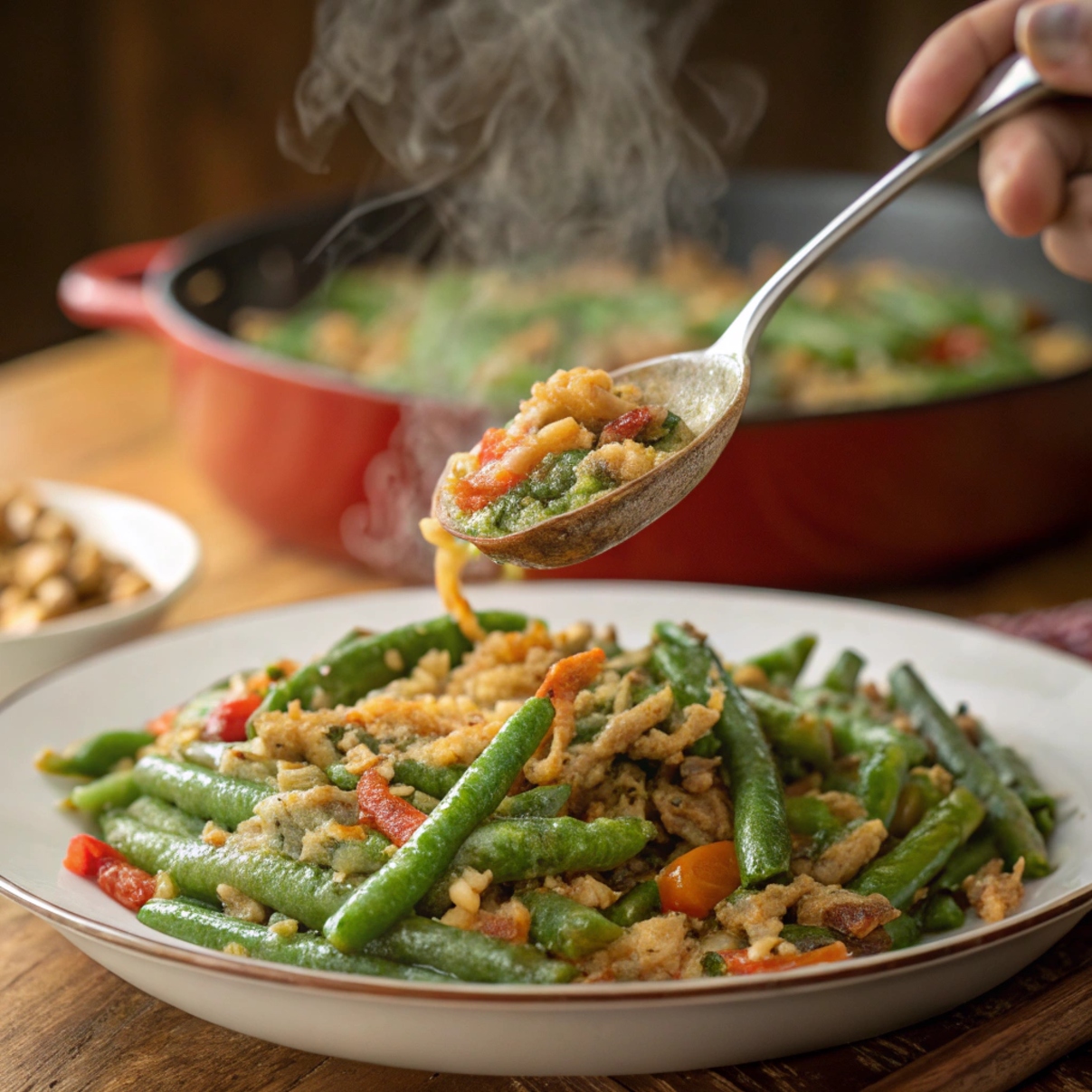 "Serving spoon scooping vegan green bean casserole onto a plate"