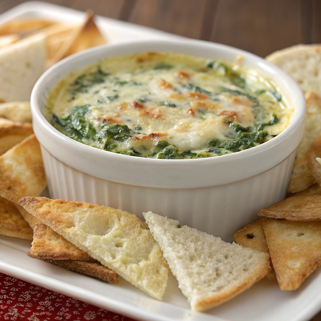 Spinach and artichoke dip served with chips and bread slices.
