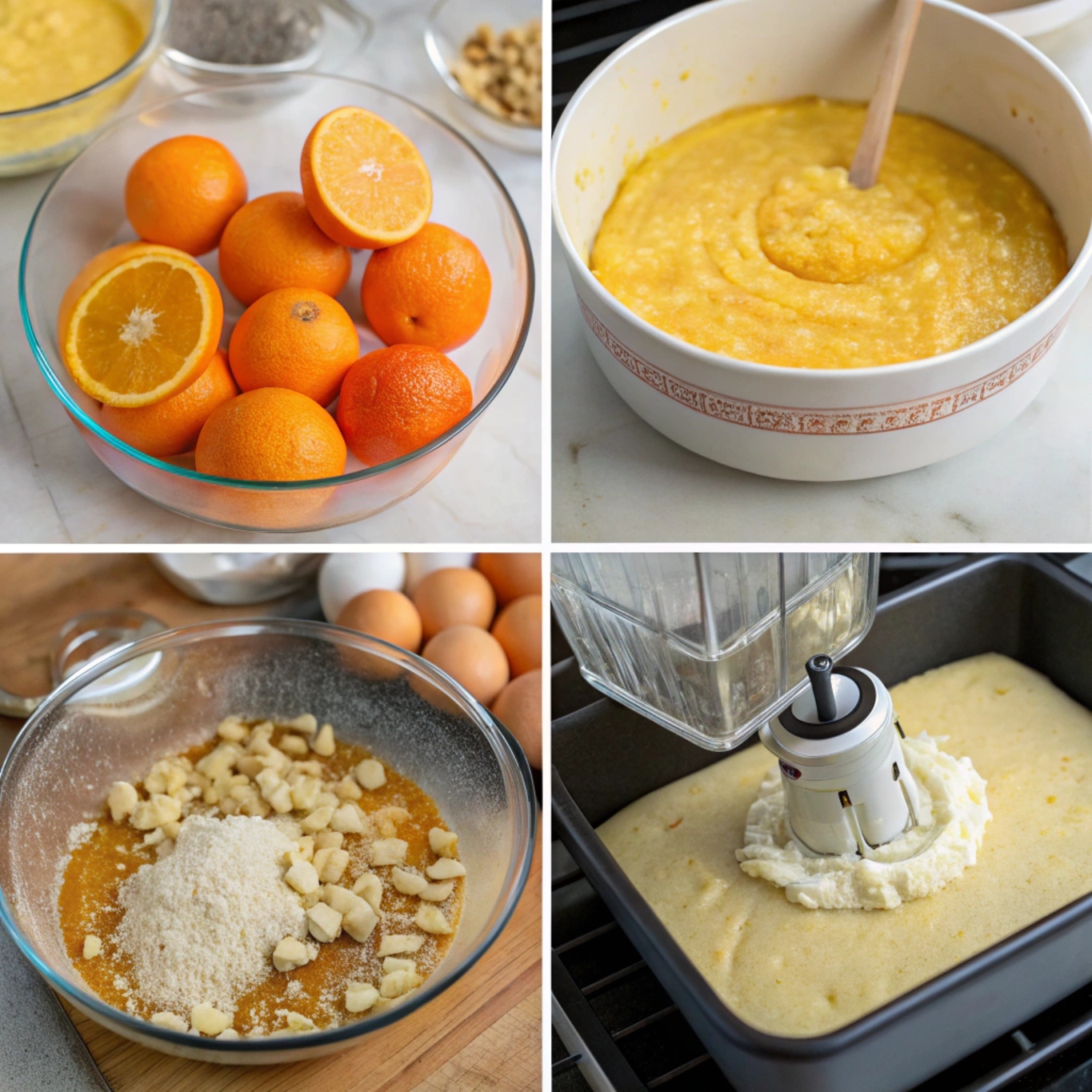 Step-by-step process of making Flourless Orange Ricotta Almond Cake, including blending oranges, mixing ingredients, and baking in the oven