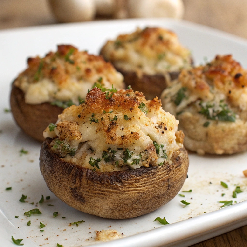 Baked stuffed mushrooms filled with cheese and herbs on a baking sheet.easy appetizers
