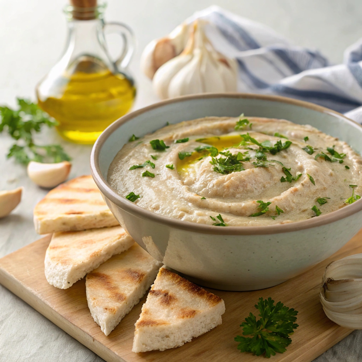 Baba Ganoush garnished with olive oil, chopped parsley, and paprika, ready to serve