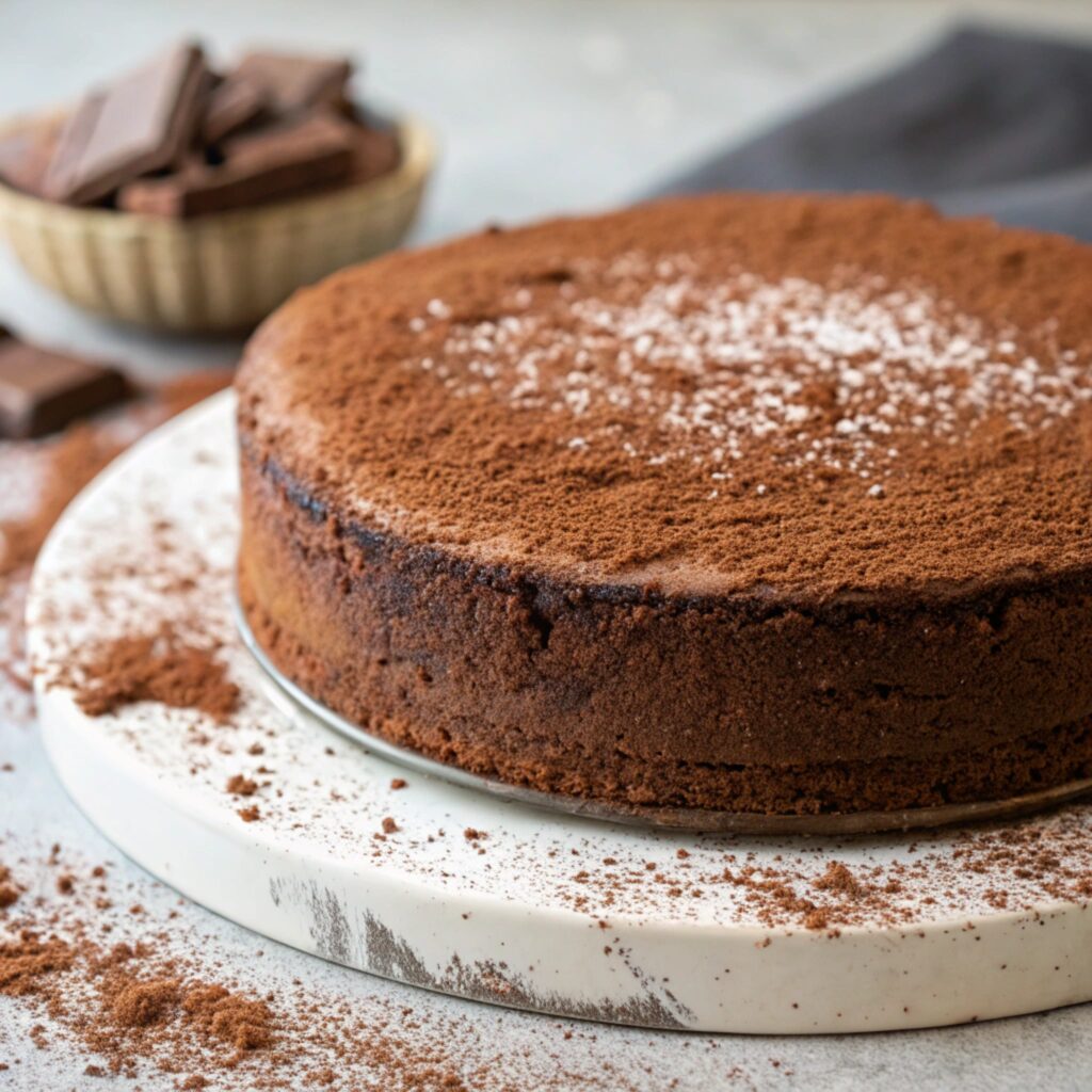 A freshly baked Vegan Almond Flour Cocoa Cake dusted with a fine layer of cocoa powder, showcasing its rich texture and deep chocolate color on a parchment-lined surface.