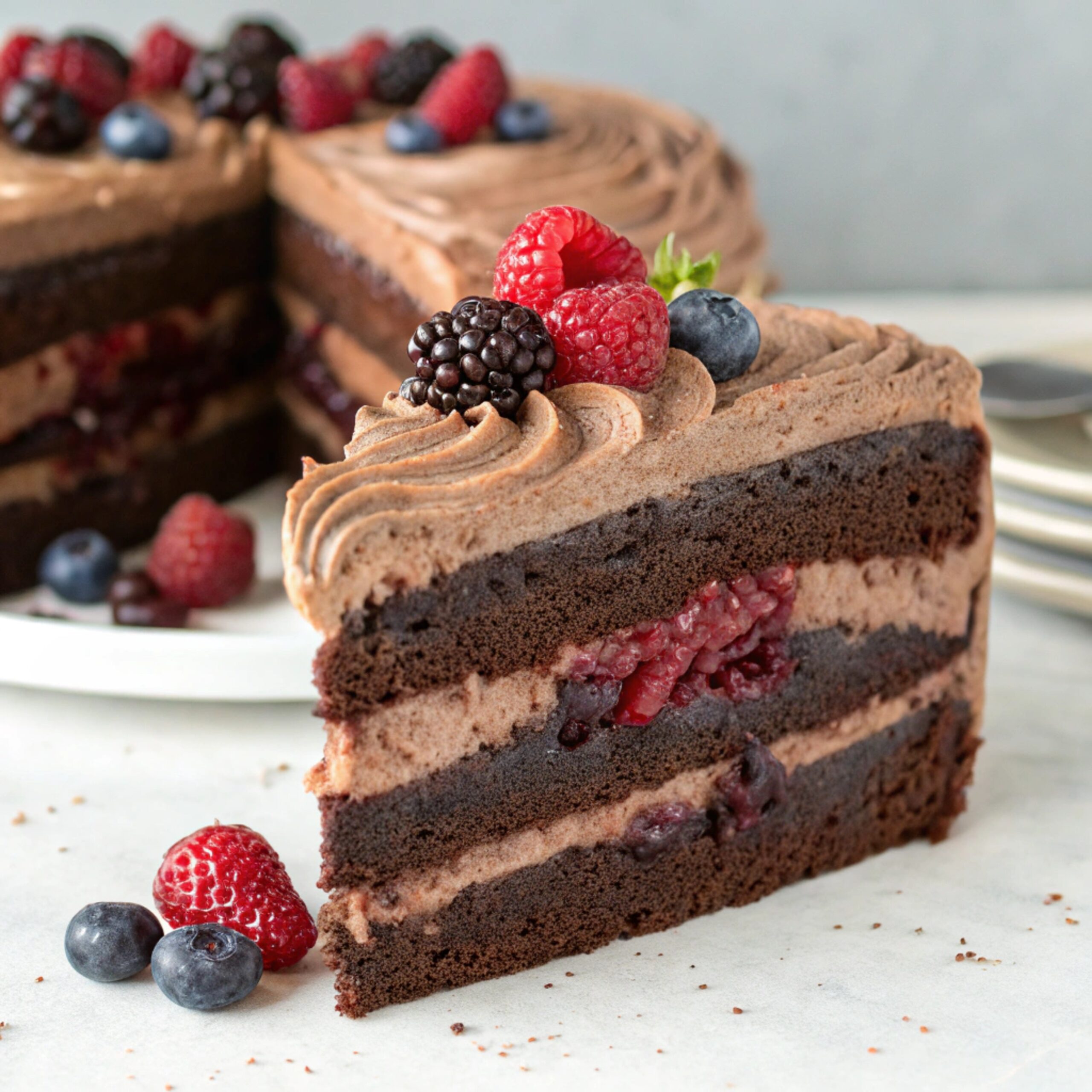 A Vegan Almond Flour Cocoa Cake sliced into layers and filled with creamy vegan frosting, creating a beautifully stacked layered cake.