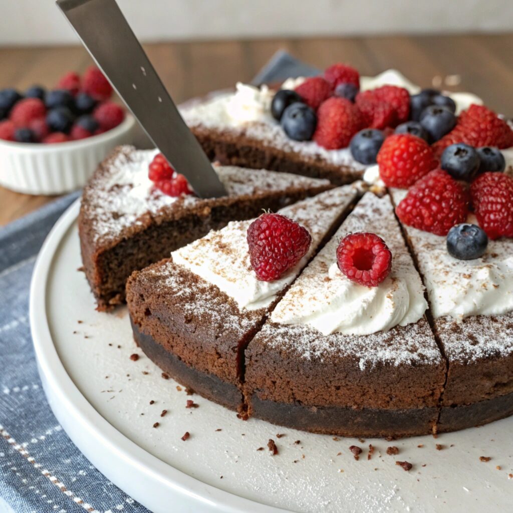 A beautifully decorated Vegan Almond Flour Cocoa Cake topped with whipped cream, fresh raspberries, blueberries, and a dusting of powdered sugar, highlighting its rich, fudgy texture.