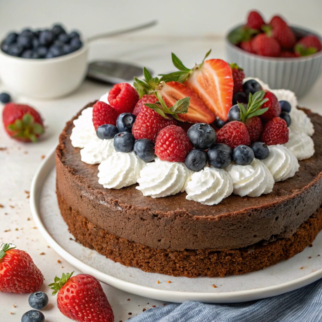 A rich and moist Vegan Almond Flour Cocoa Cake topped with a generous layer of whipped coconut cream and sprinkled with chocolate shavings, presented on a rustic wooden board.