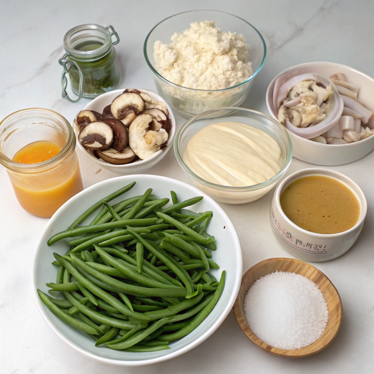 "All ingredients for vegan green bean casserole arranged on a countertop, including fresh green beans, sliced mushrooms, garlic, plant-based milk, flour, nutritional yeast, crispy fried onions, and seasoning"