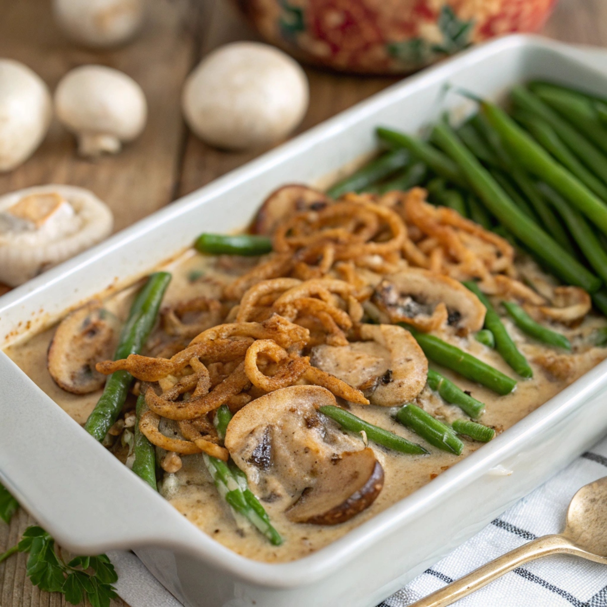 "Creamy vegan green bean casserole topped with crispy fried onions served on a white plate"