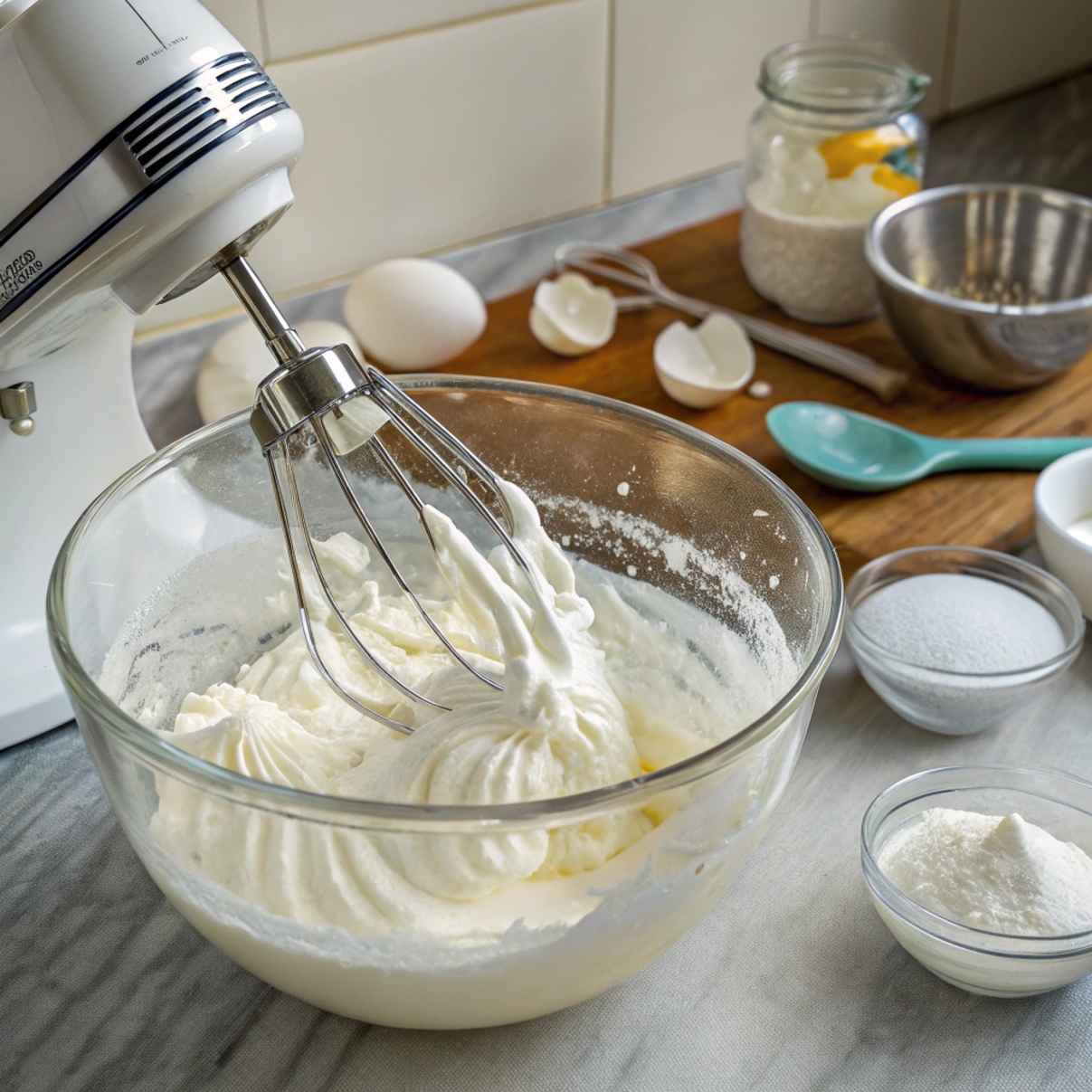 "Egg whites being whipped into stiff peaks in a mixing bowl, ready for folding into the cake batter." of Angel Food Cake recipe