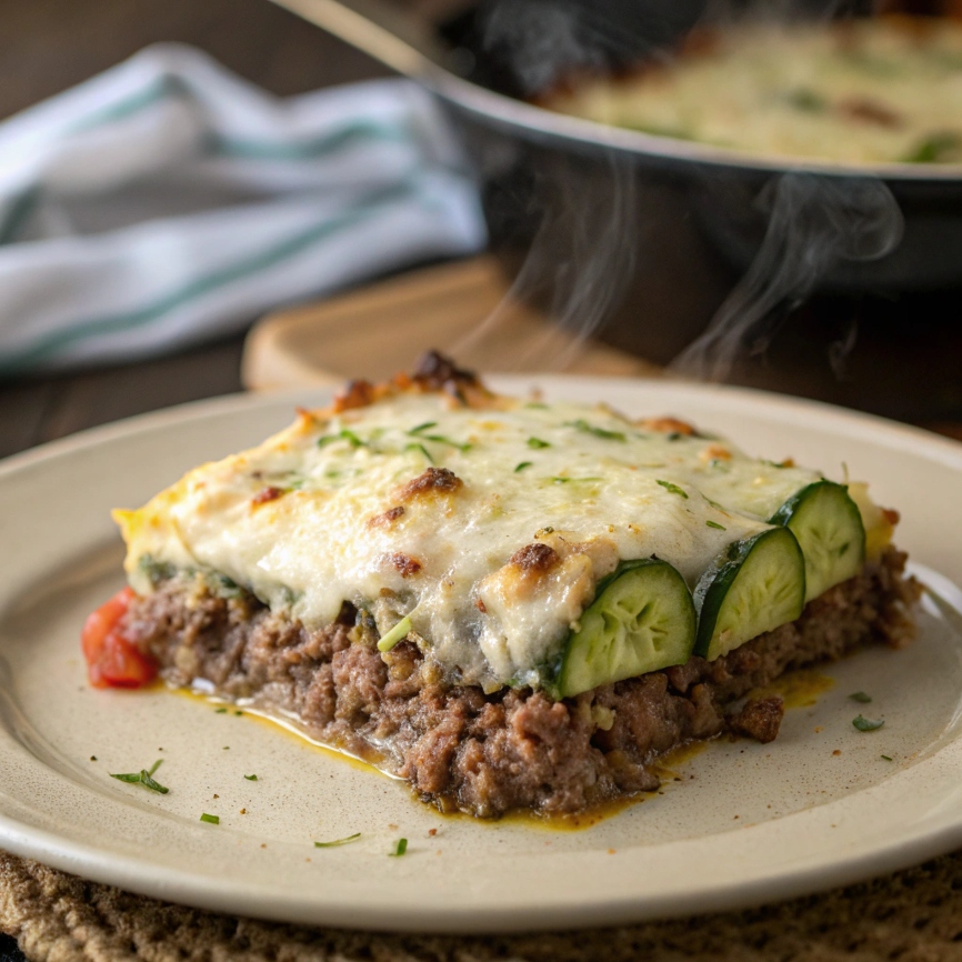 A close-up of a slice of Ground Beef Zucchini Bake on a plate, showing layers of beef, zucchini, and cheese.