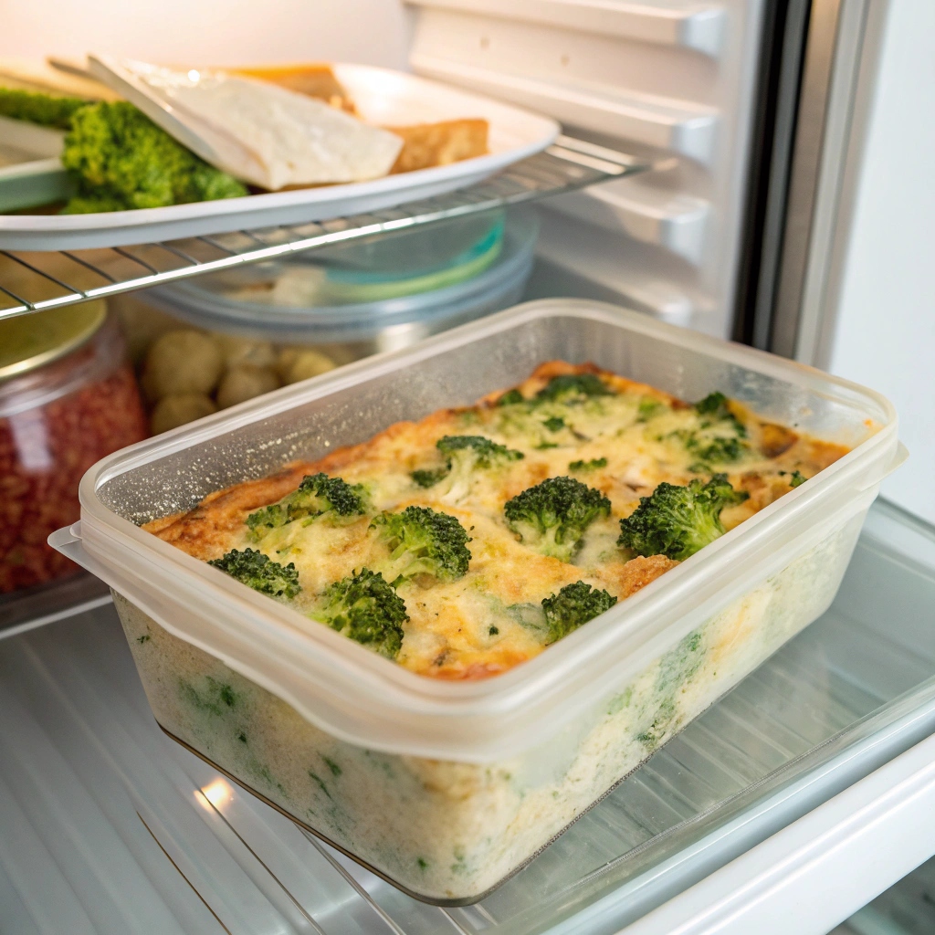 A container of leftover Broccoli Cheddar Chicken Casserole sealed and stored in the refrigerator.