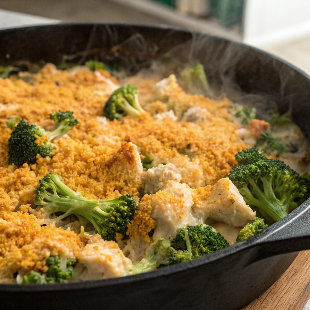 A large skillet of freshly baked Broccoli Cheddar Chicken Casserole topped with cheese and breadcrumbs.