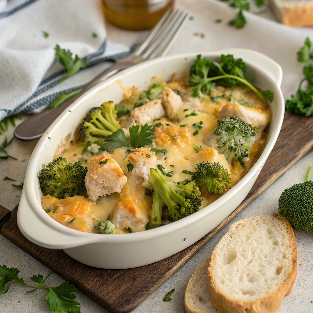 Close-up of a slice of Broccoli Cheddar Chicken Casserole showing melted cheese, tender broccoli, and crispy breadcrumb topping.