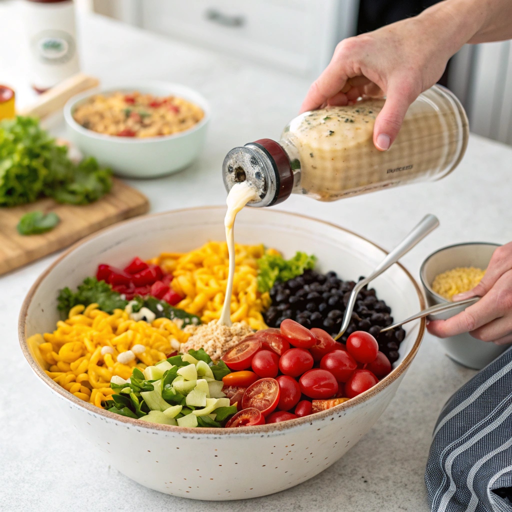 Adding dressing to Cowboy Caviar Pasta Salad in a large mixing bowl