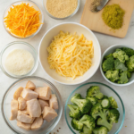 Assorted ingredients for Broccoli Cheddar Chicken Casserole, including shredded cheddar, cooked chicken, broccoli florets, and crumbs arranged on a table.