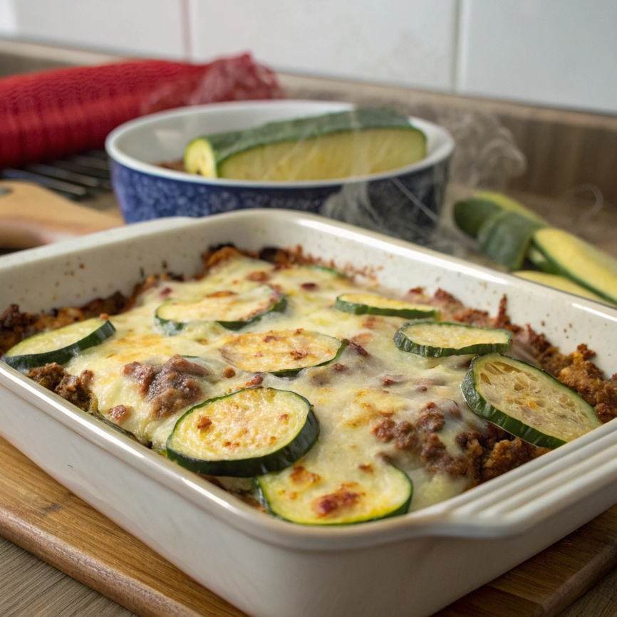 Baked Ground Beef Zucchini Bake covered with melted cheese, fresh out of the oven.