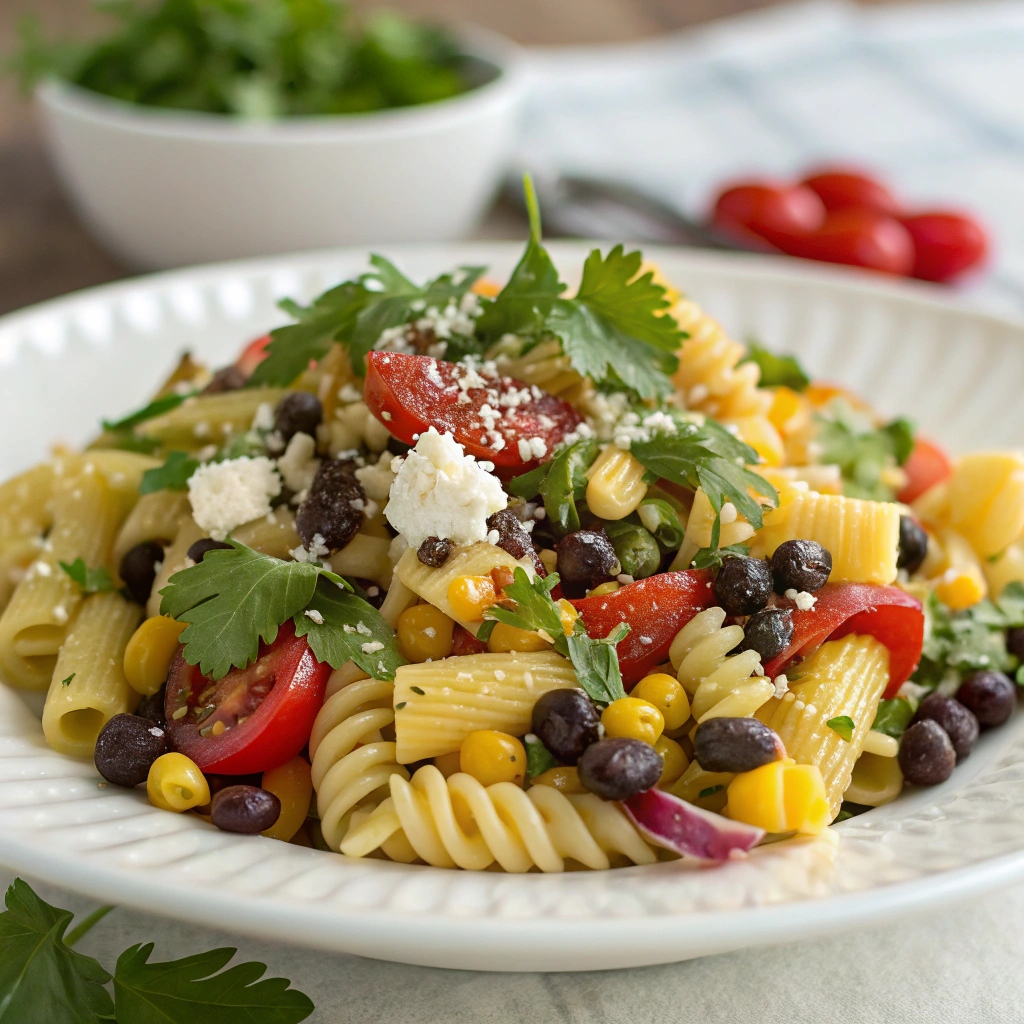 Beautifully plated Cowboy Caviar Pasta Salad garnished with herbs