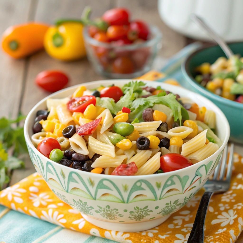 Bright, colorful Cowboy Caviar Pasta Salad ready to serve