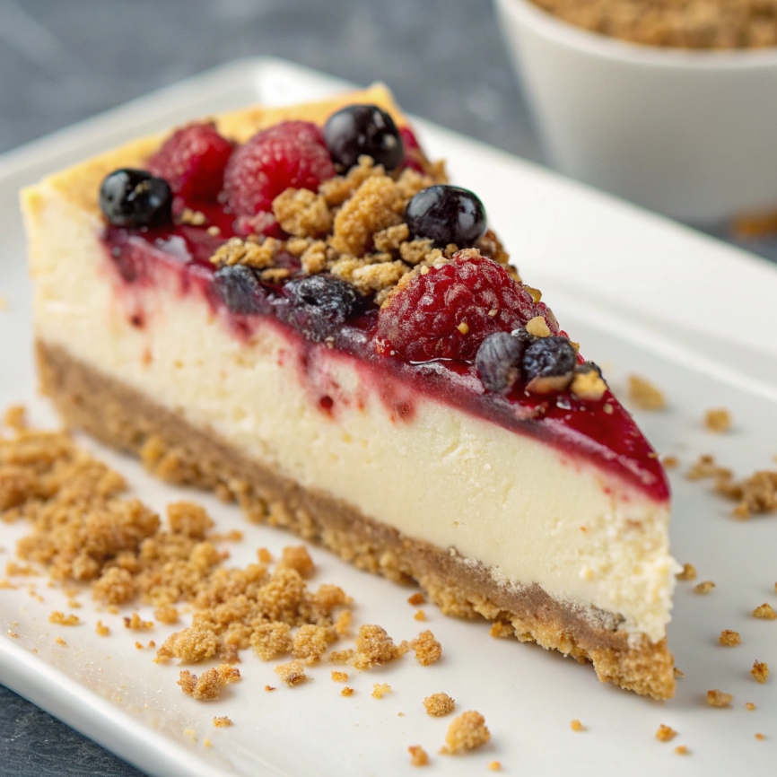 Close-up of a cheesecake slice showing creamy filling, berry topping, and crumble