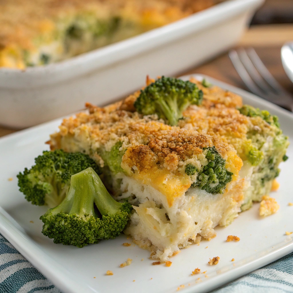 A piping hot plate of Broccoli Cheddar Chicken Casserole garnished with fresh herbs and served with bread.