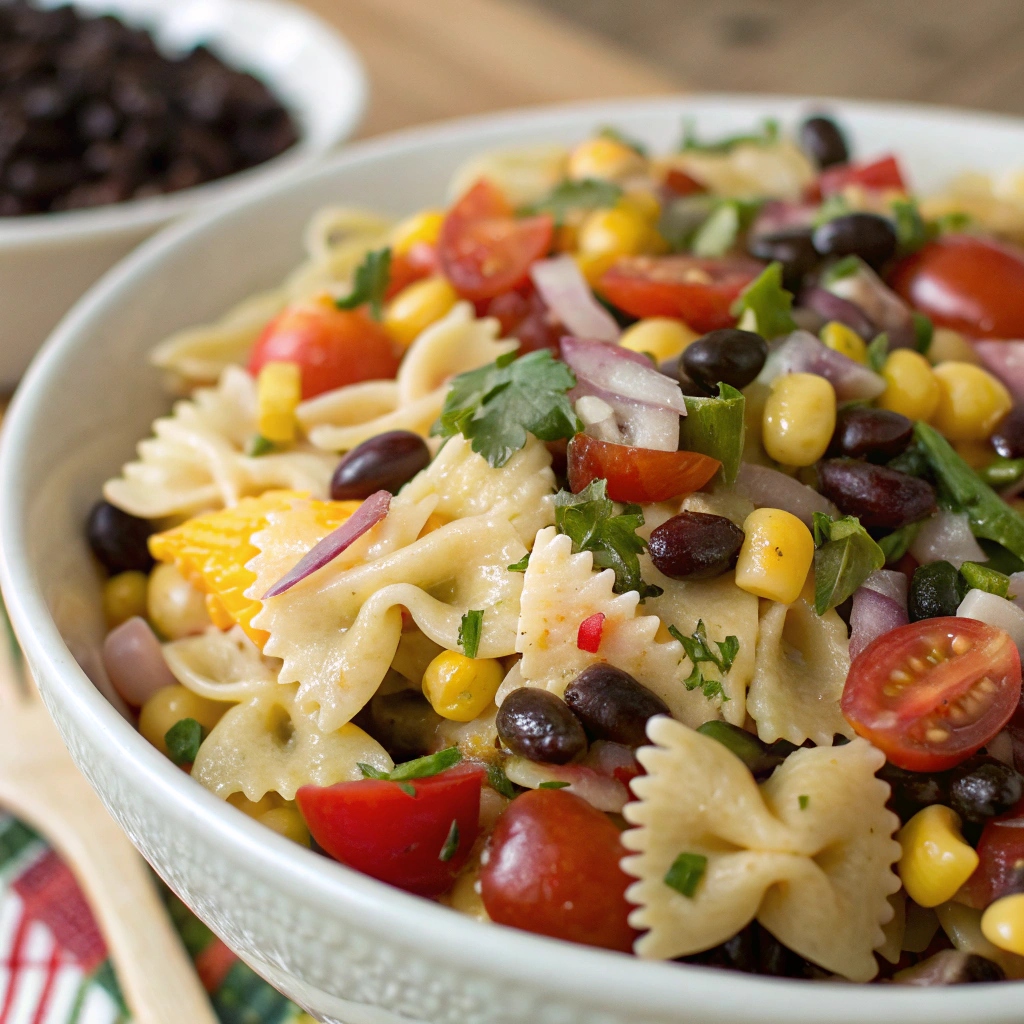 Close-up of the texture and colorful ingredients of Cowboy Caviar Pasta Salad

