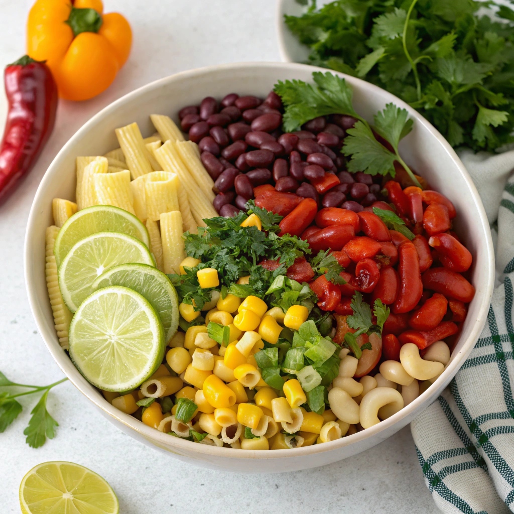 Colorful ingredients for Cowboy Caviar Pasta Salad including pasta, beans, corn, peppers, and herbs