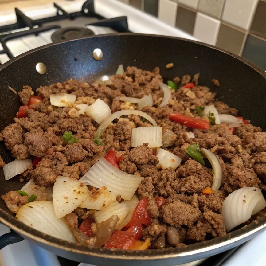 Cooked ground beef with onions and garlic in a skillet, ready to be mixed with seasonings.