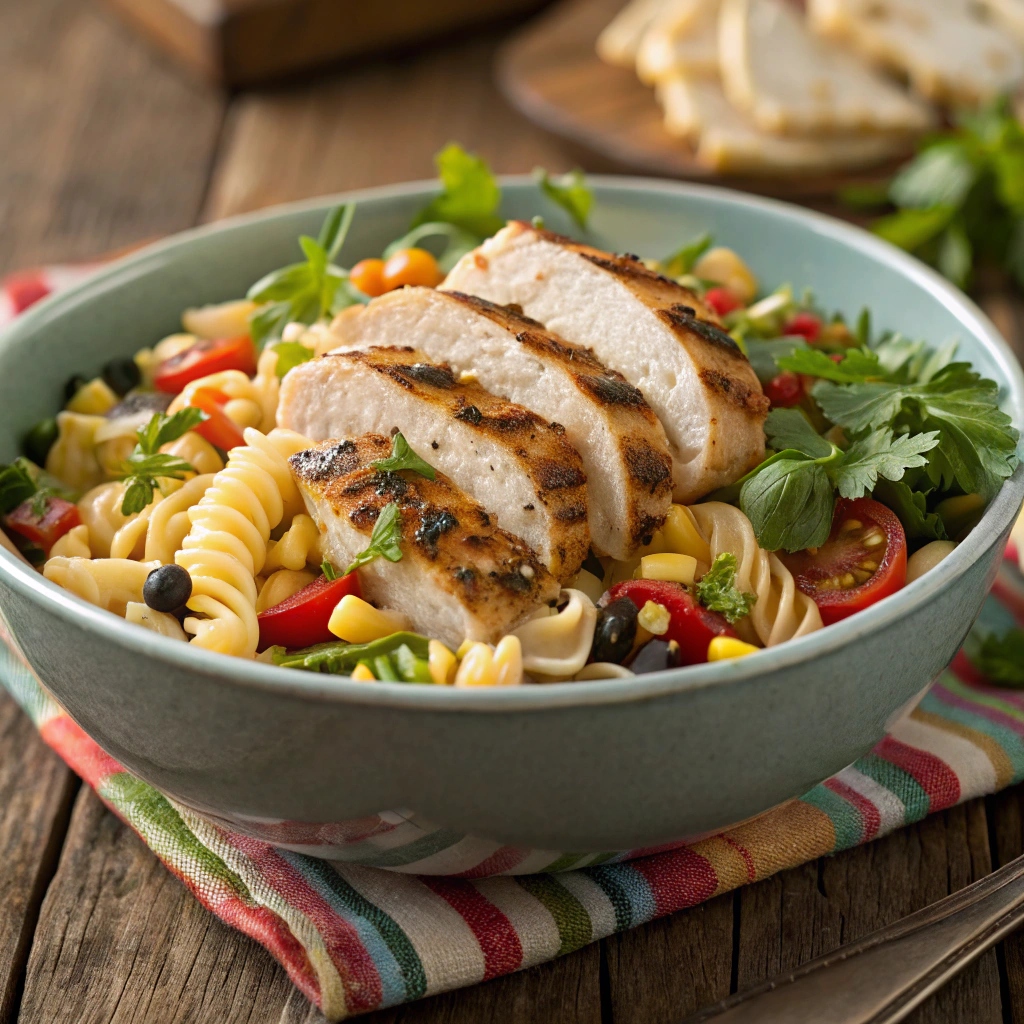 Cowboy Caviar Pasta Salad topped with grilled chicken slices and fresh herbs