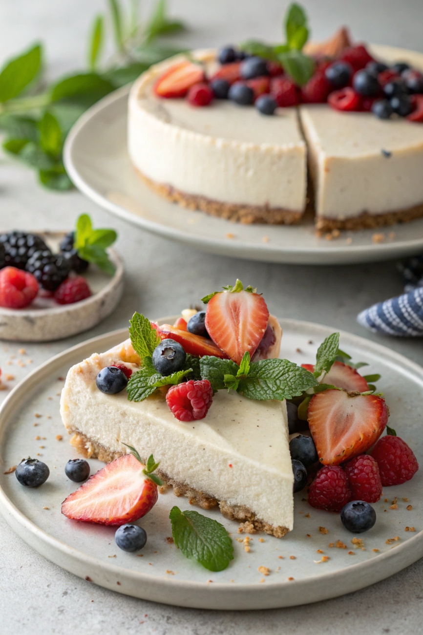 Creamy vegan dairy-free no-bake cheesecake topped with fresh fruit for a plant-based dessert
