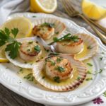 Delicious Bake Garlic Butter Scallops topped with parsley and lemon slices, ready to serve on a elegant plate.