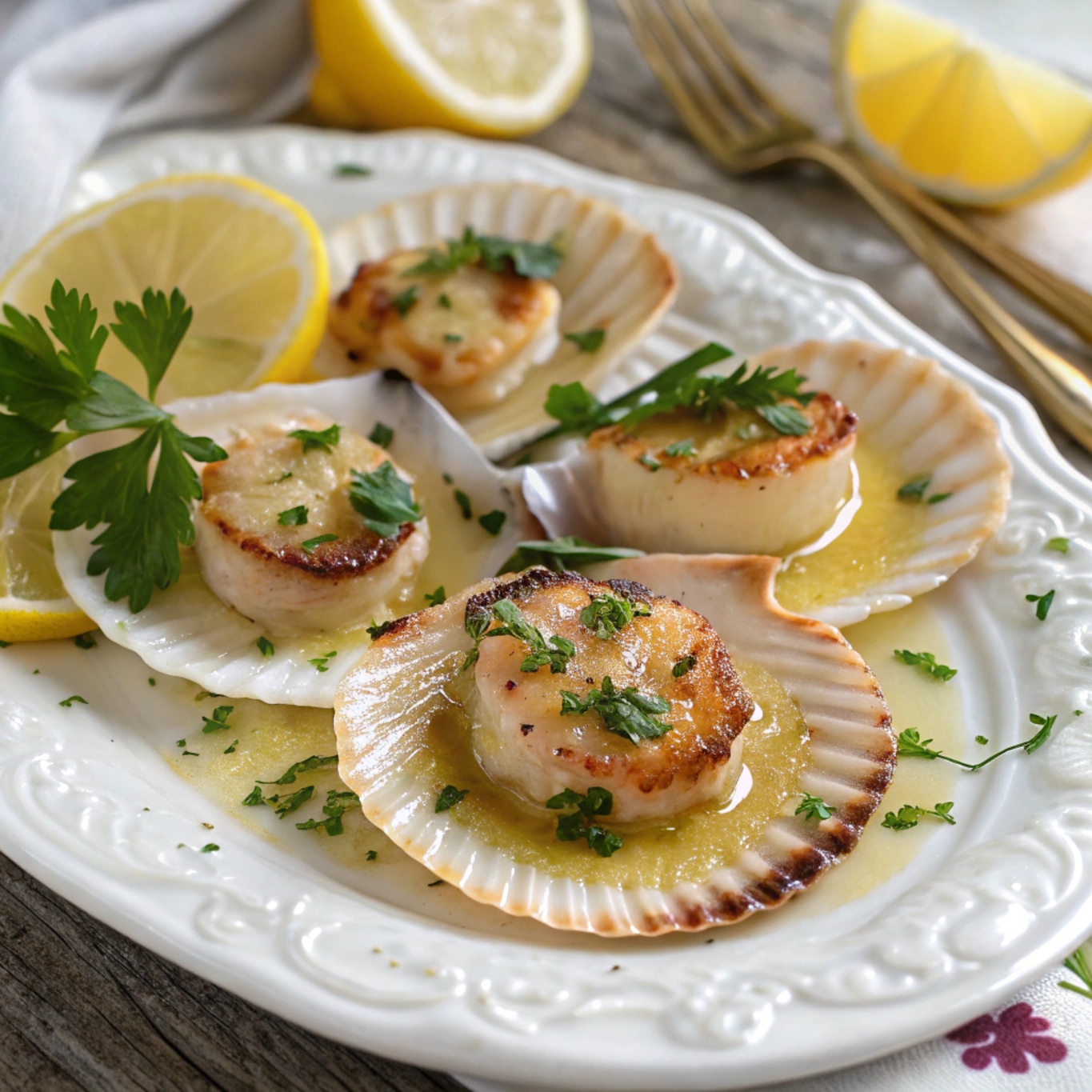 Delicious Bake Garlic Butter Scallops topped with parsley and lemon slices, ready to serve on a elegant plate.