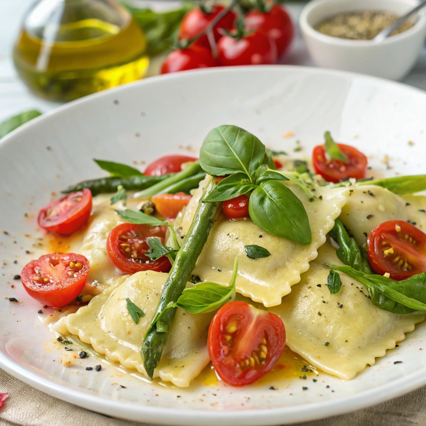 Close-up of fresh ravioli topped with vibrant tomatoes, asparagus, garlic, and herbs, showcasing the dish’s colorful and inviting presentation