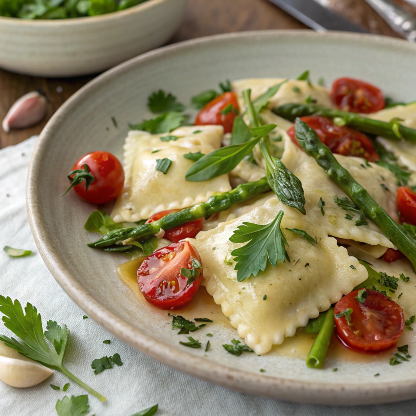 Beautifully plated ravioli with tomatoes, asparagus, garlic, and herbs, garnished with fresh herbs and Parmesan cheese, ready to serve