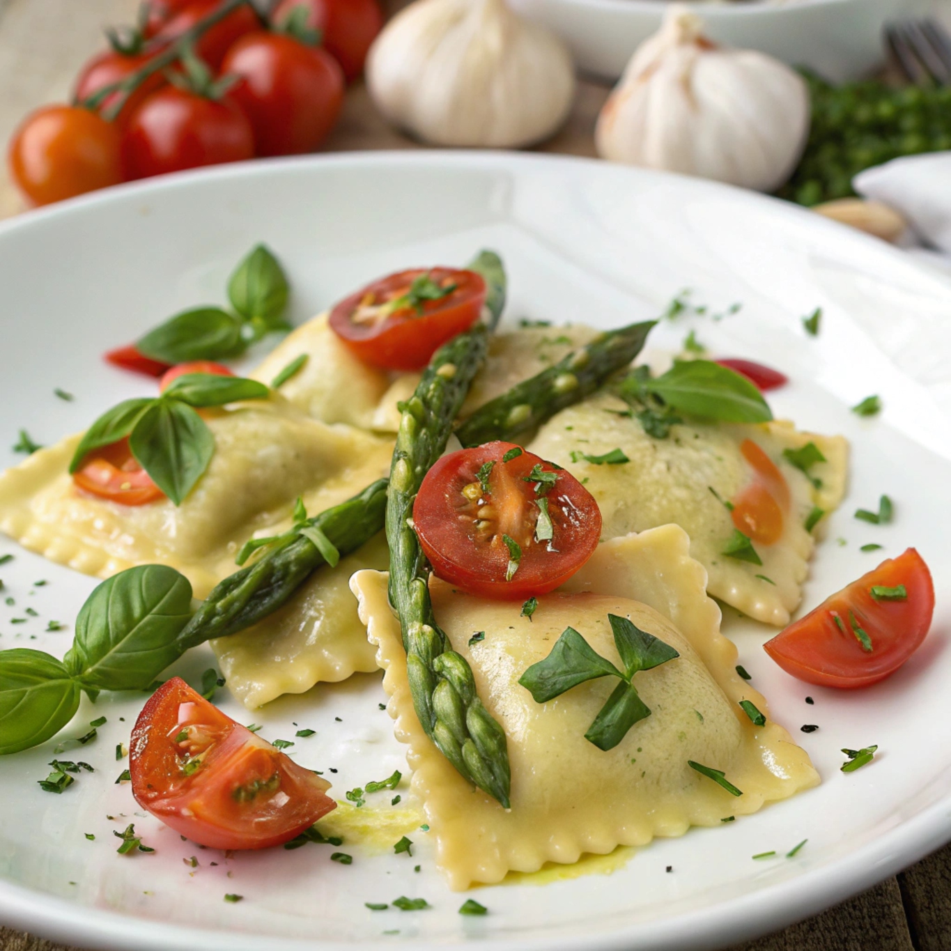 A served plate of ravioli with tomatoes, asparagus, garlic, and herbs, garnished with fresh herbs and Parmesan cheese, ready to eat