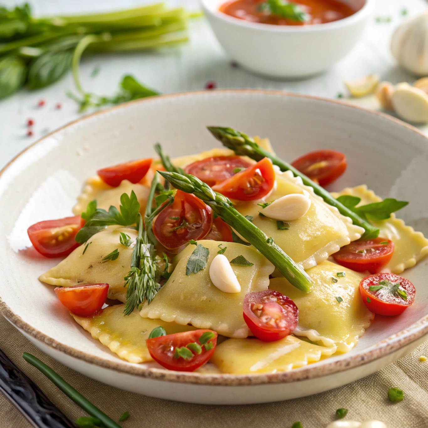 Close-up of fresh ravioli topped with vibrant tomatoes, asparagus, garlic, and herbs, showcasing the dish’s colorful and inviting presentation