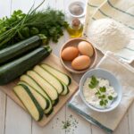 Fresh zucchinis, eggs, cheese, herbs, and flour arranged for making Zucchini Scarpaccia.