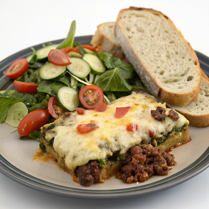 Ground Beef Zucchini Bake served on a plate with a side salad and bread.