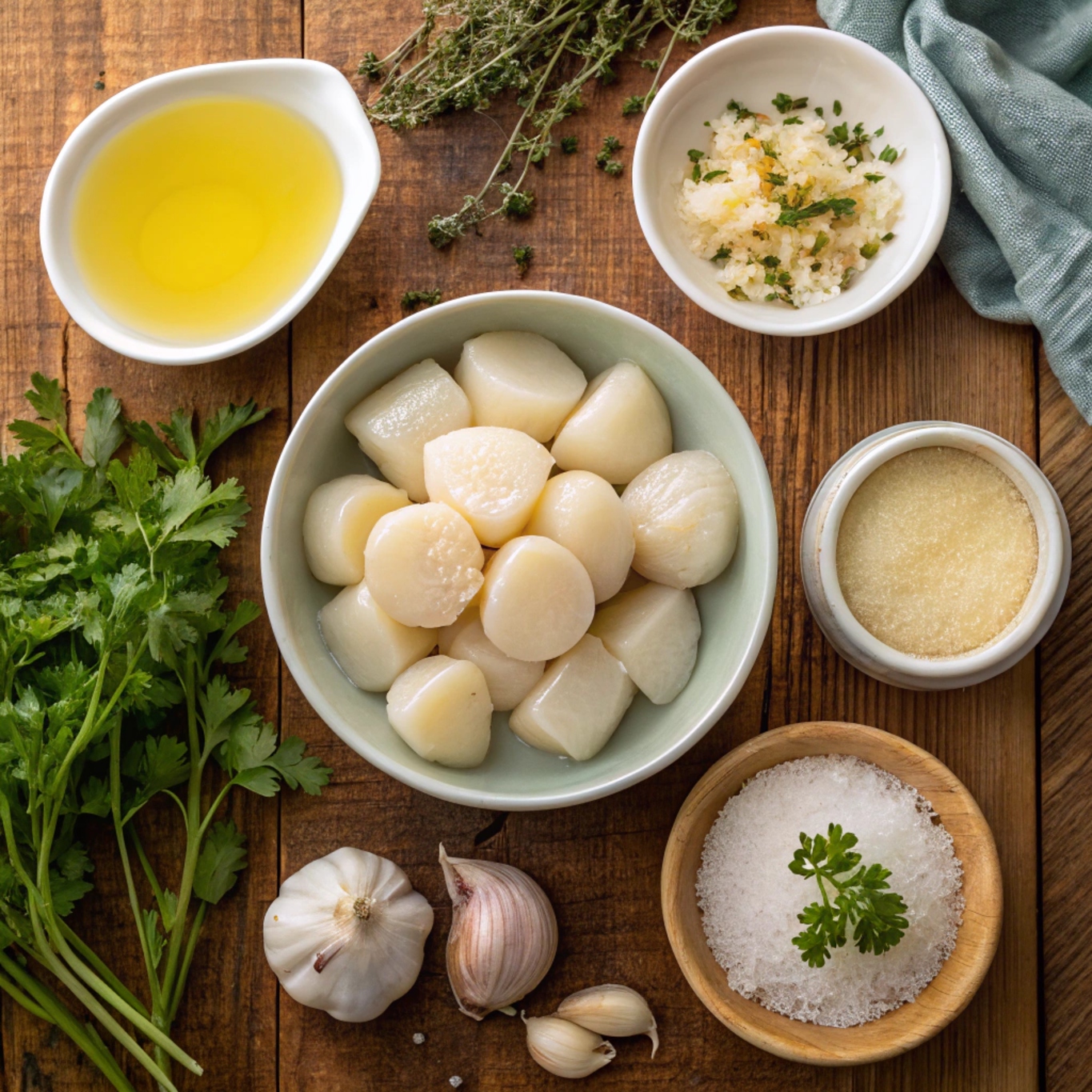Ingredients for Bake Garlic Butter Scallops, including fresh scallops, garlic, butter, olive oil, and herbs displayed on a rustic counter.