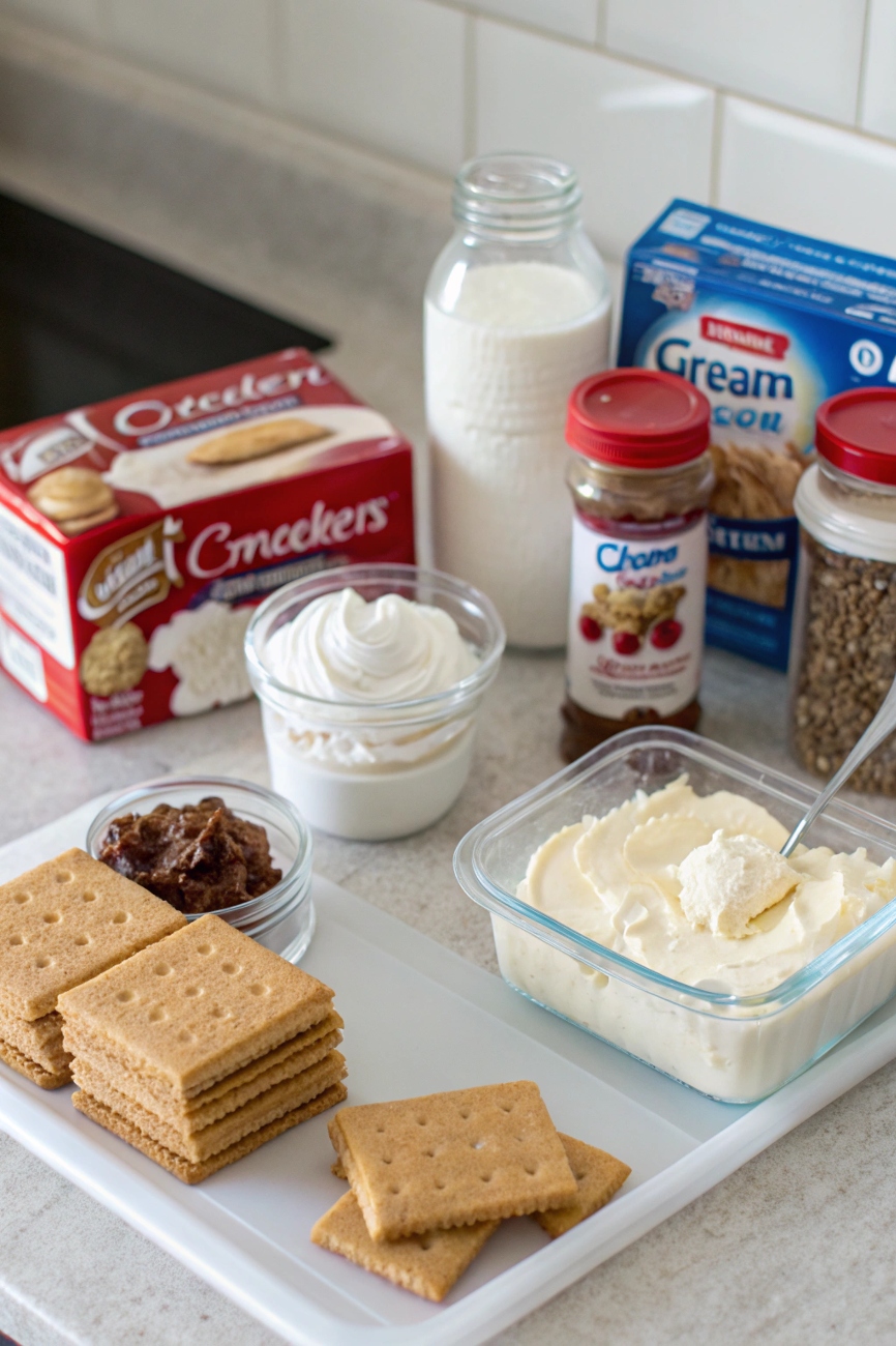 Ingredients for no-bake cheesecake including cream cheese, graham crackers, whipped cream, and flavorings laid out