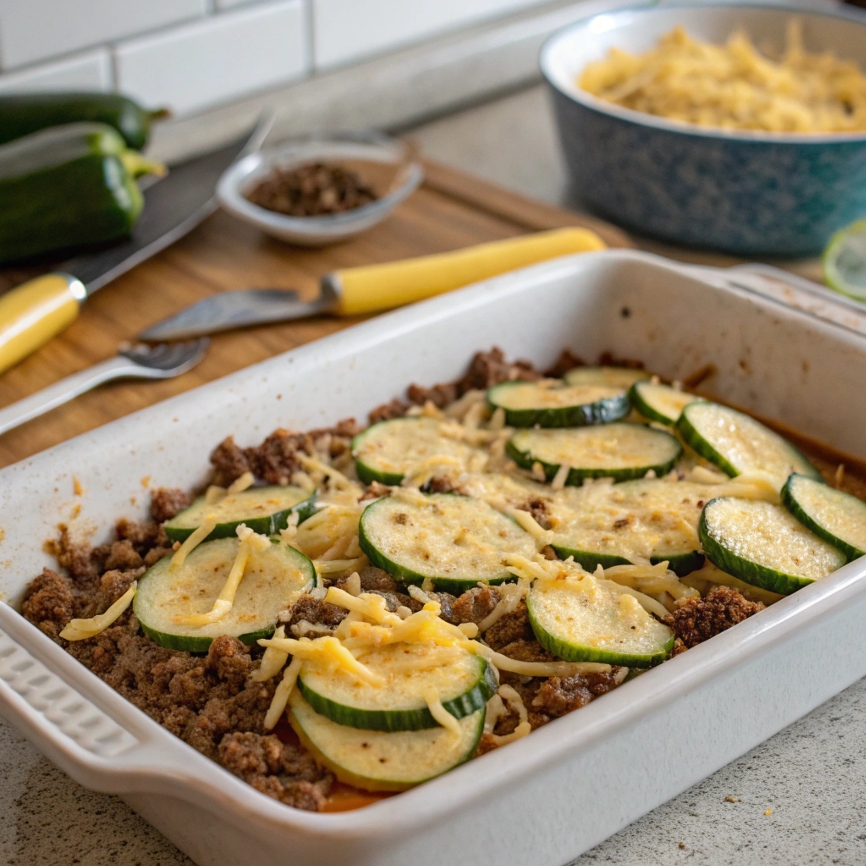 Layering cooked beef mixture and zucchini slices in a baking dish, topped with shredded cheese.