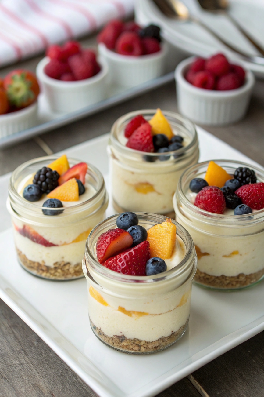 Mini no-bake cheesecakes in individual jars topped with fresh fruit – a perfect small dessert