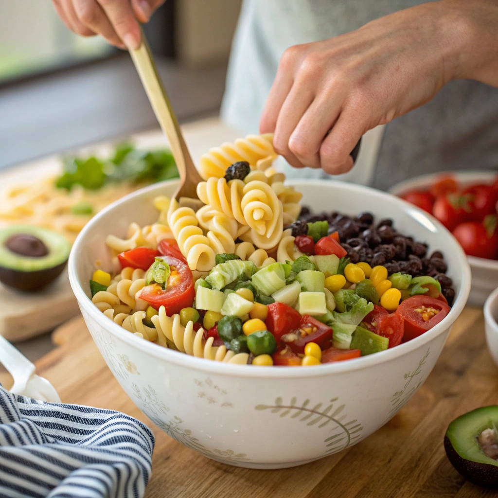 Mixing cooked pasta and fresh vegetables for Cowboy Caviar Pasta Salad