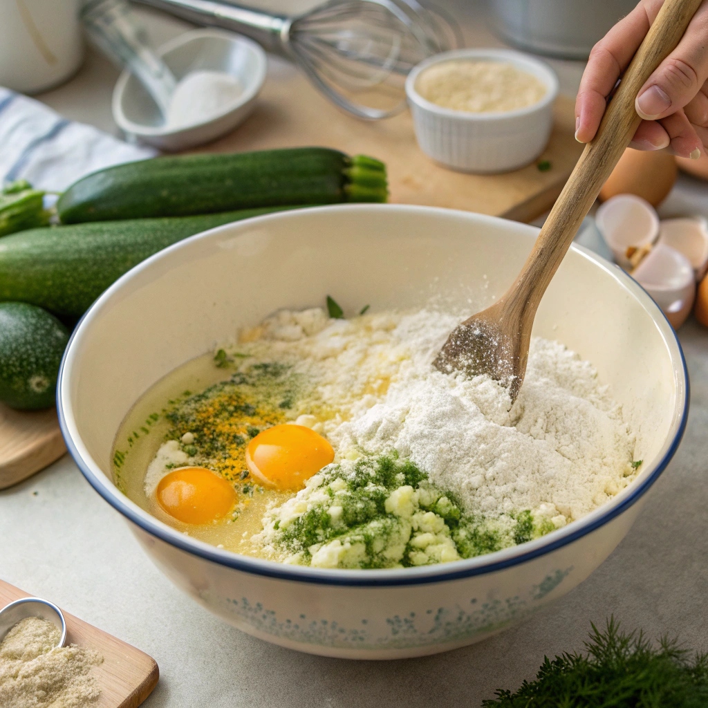 Mixing eggs, flour, cheese, and herbs in a bowl to make Zucchini Scarpaccia batter.